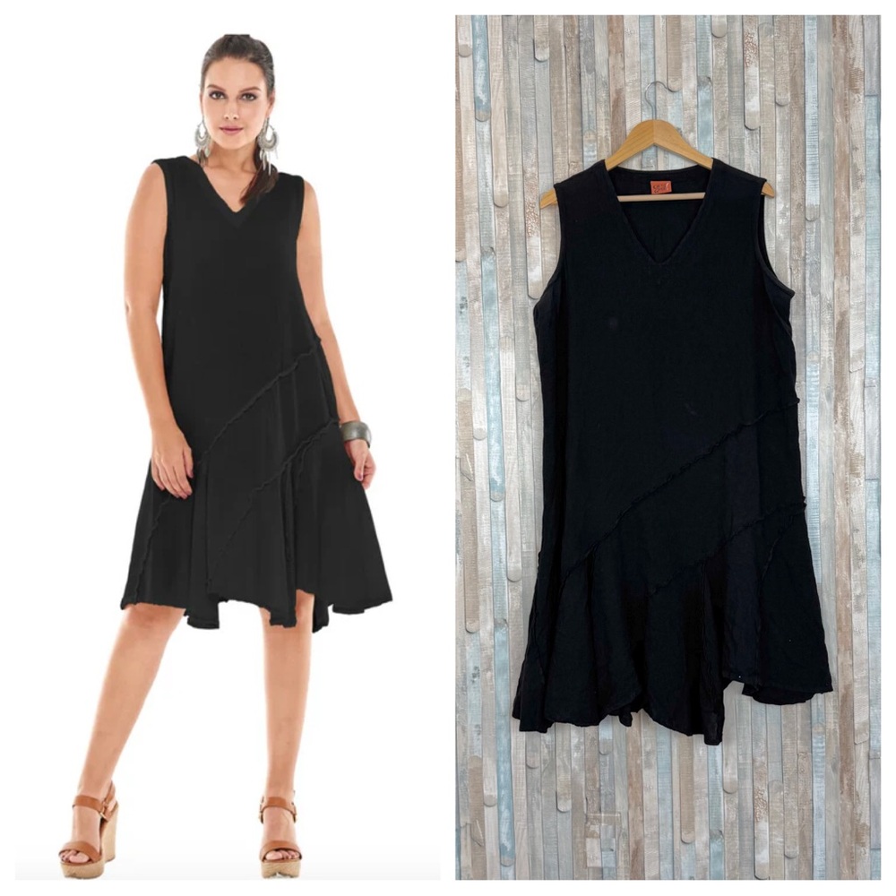 Oh My Gauze 3 XXL Cotton Tabasco Dress  Asymmetric V Neck Midi Black Gauzy Boho‎